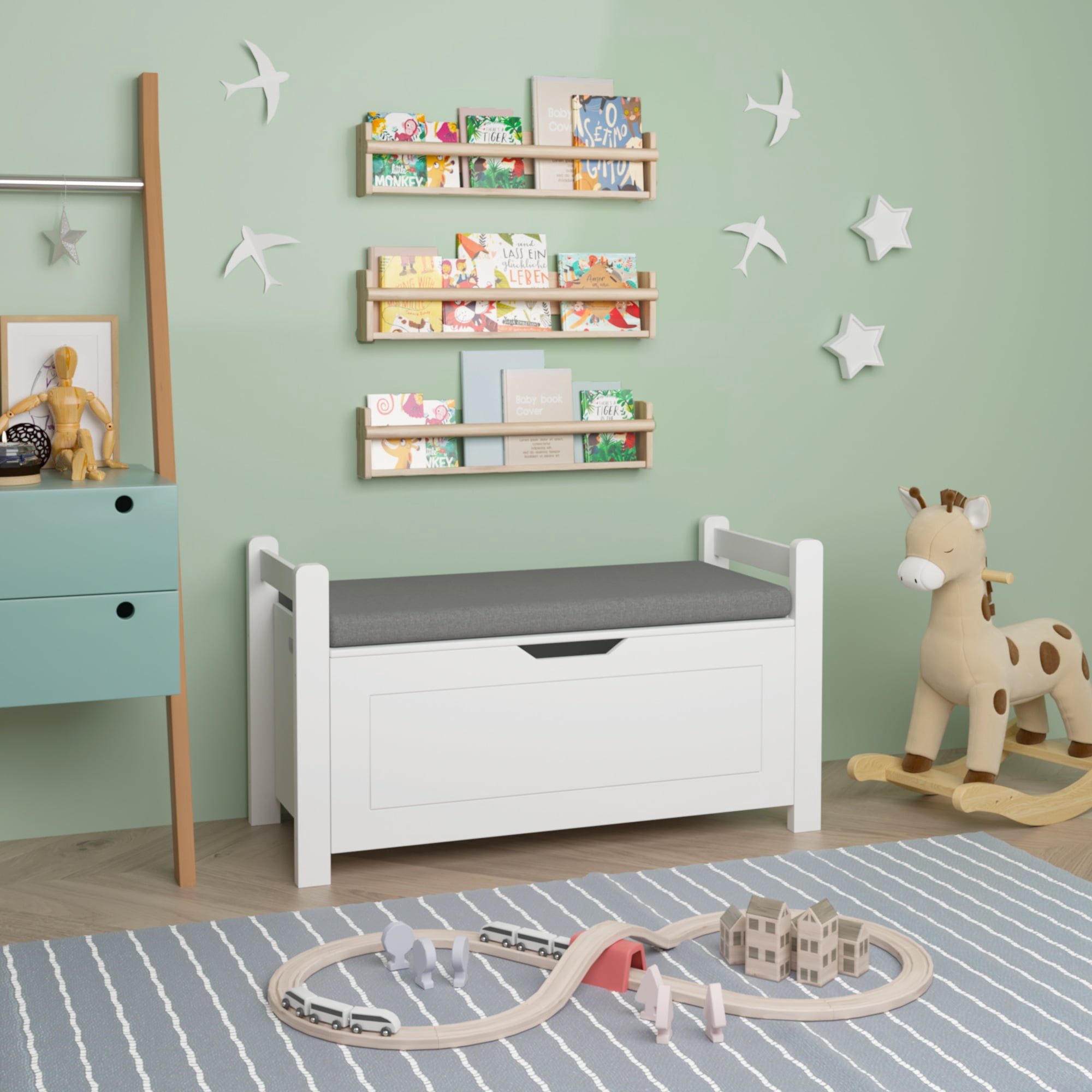 Peispie Kids Toy Box Chest with Cushion Seat Bench, White Toy Storage Organizer Trunk, Large Cabinet with Flip-Top Lid & Safety Hinge for Nursery, Playroom, Bedroom