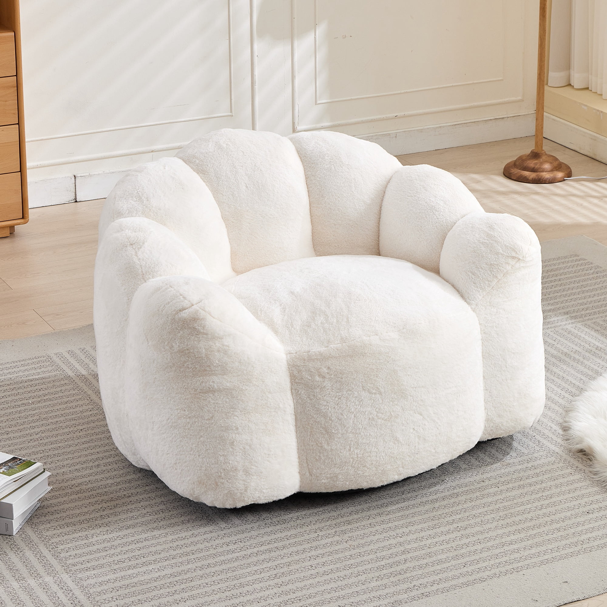 Peispie Lotus Flower Bean Bag Chair for Adults & Teens, Comfy Floor Sofa Lounge Chair with Armrests & Handle, High-Density Memory Foam Filled Pillow Reading Accent Chair for Bedroom, White