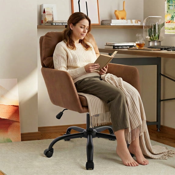 Peispie Mid-Back Leather Office Chair 380lbs, 360° Swivel Computer Desk Chair, Adjustable Height Comfy Task Chair with Thick Cushion for Home Office Work, Brown