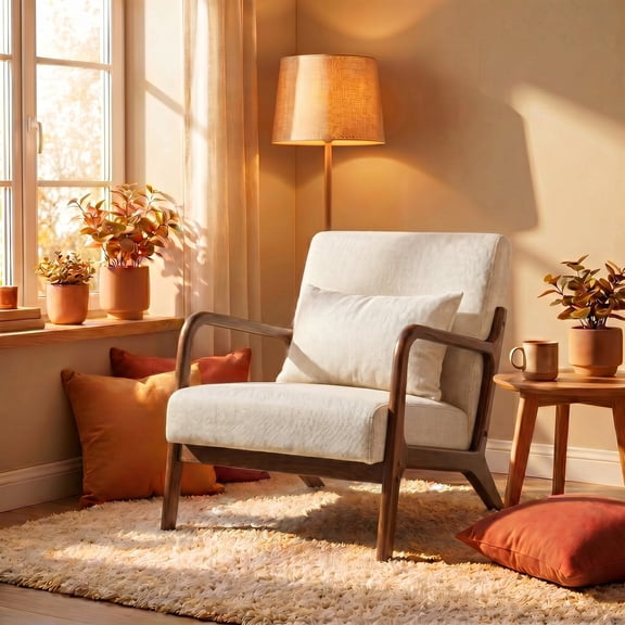 Peispie Mid Century Modern Accent Chair with Solid Wood Frame, Breathable Cotton Linen Lounge Chair with Lumbar Pillow, Sturdy 350LBS Reading Armchair for Living Room, Beige