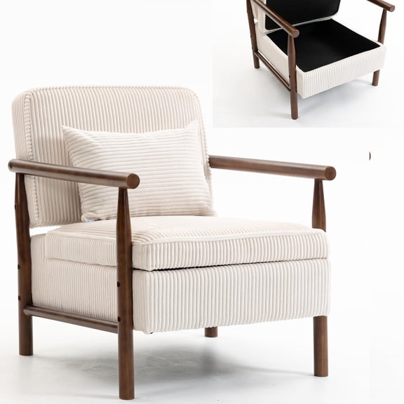 Peispie Mid Century Modern Accent Chair with Storage, Upholstered Corduroy Reading Chair with Lumbar Pillow & Wooden Legs, Comfy Armchair for Living Room Bedroom 300lbs, Beige