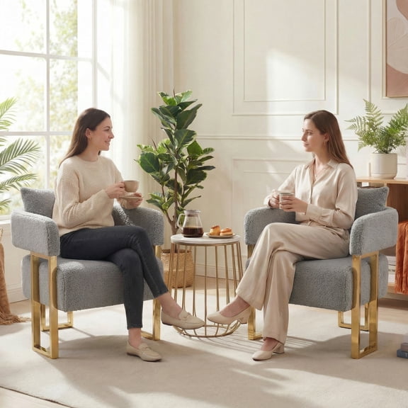 Peispie Modern Accent Chair Set of 2, Upholstered Teddy Fleece Comfy Reception Chair, Elegant Gold Metal Leg Living Room Chair & Lounge Bedroom Chair, Cozy Vanity Chair for Home Office, Grey