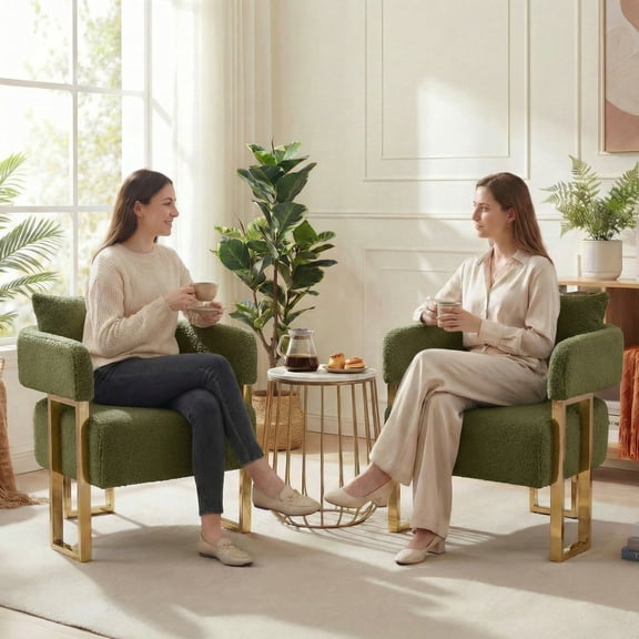 Peispie Modern Accent Chair Set of 2, Upholstered Teddy Fleece Comfy Reception Chair, Elegant Gold Metal Leg Living Room Chair & Lounge Bedroom Chair, Cozy Vanity Chair for Home Office, Green