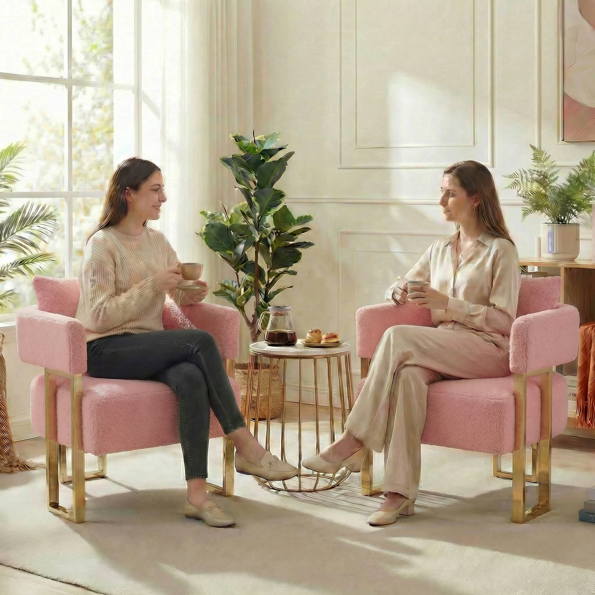 Peispie Modern Accent Chair Set of 2, Upholstered Teddy Fleece Comfy Reception Chair, Elegant Gold Metal Leg Living Room Chair & Lounge Bedroom Chair, Cozy Vanity Chair for Home Office, Pink