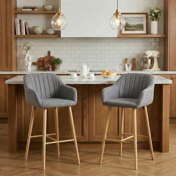 Peispie Modern Bar Stools Set of 2, Counter Height Bar Stools with Oak Solid Wood Legs 300lbs, Linen Upholstered Barstools with Ergonomic Backrest & Footrest for Kitchen Island, Home Bar, Grey
