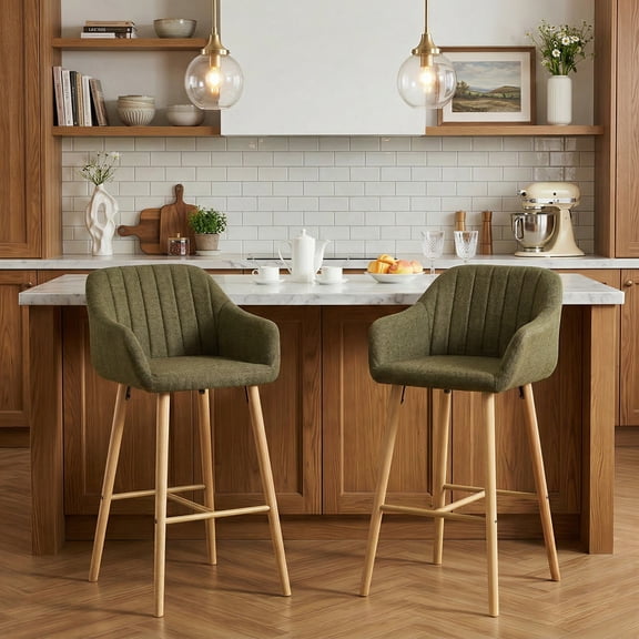 Peispie Modern Bar Stools Set of 2, Counter Height Bar Stools with Oak Solid Wood Legs 300lbs, Linen Upholstered Barstools with Ergonomic Backrest & Footrest for Kitchen Island, Home Bar, Green
