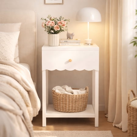 Peispie Modern Nightstand with Drawer and Open Shelf, Scalloped Edge Bedside Table, Cute Minimalist Side Table & End Table for Kids Room, Bedroom Furniture Set of 1, White