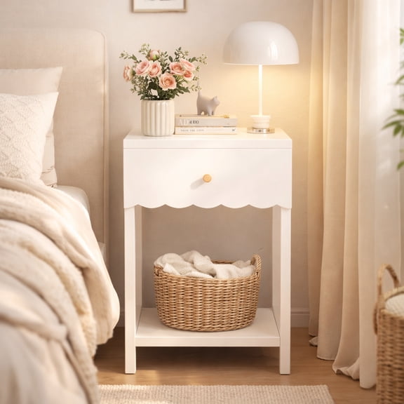 Peispie Modern Nightstand with Drawer and Open Shelf, Scalloped Edge Bedside Table, Cute Minimalist Side Table & End Table for Kids Room, Bedroom Furniture Set of 1, White