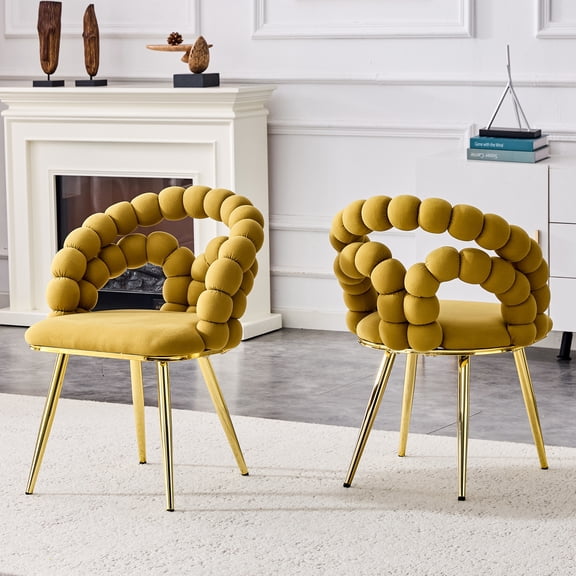 Peispie Modern Velvet Dining Chairs Set of 2 , Upholstered Bubble Back Accent Chairs with Metal Legs, Comfy Tufted Vanity Desk Chair for Living Room & Kitchen, Yellow