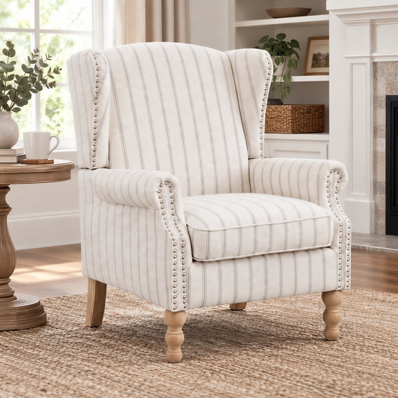 Peispie Modern Wingback Accent Chair with Retro Wood Legs, Upholstered Fabric Reading Chair with Nailhead Trim for Living Room Bedroom, Ancient White