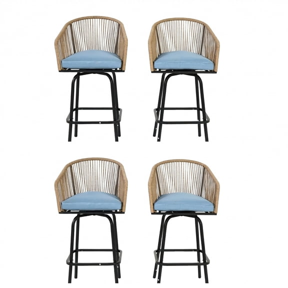Peispie Outdoor Swivel Bar Stools Set of 4, 28" Seat Height Patio Bar Chairs with Armrests and Cushions, All-Weather Wicker Rattan High Stools for Backyard, Garden, Pool, Balcony and Deck, Blue