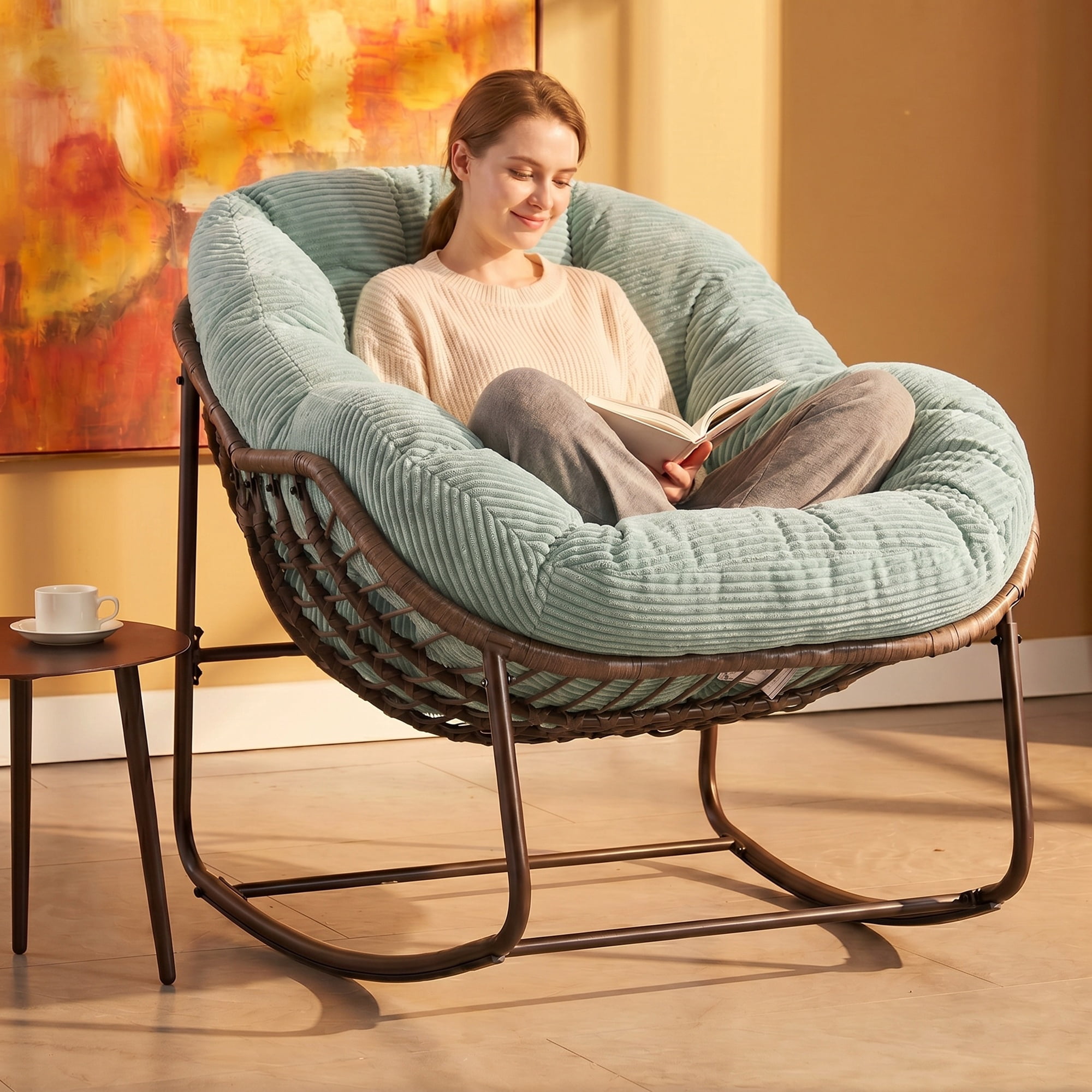 Peispie Oversized Corduroy Papasan Rocking Chair with Thick Cushion ...