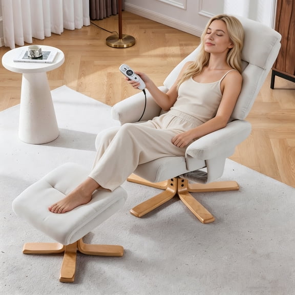 Peispie PU Leather Swivel Recliner Chair with Ottoman, Heated Massage Accent Lounge Chair with Adjustable Backrest & Solid Wood Base, Comfy Single Sofa for Living Room, Bedroom & Office, Beige