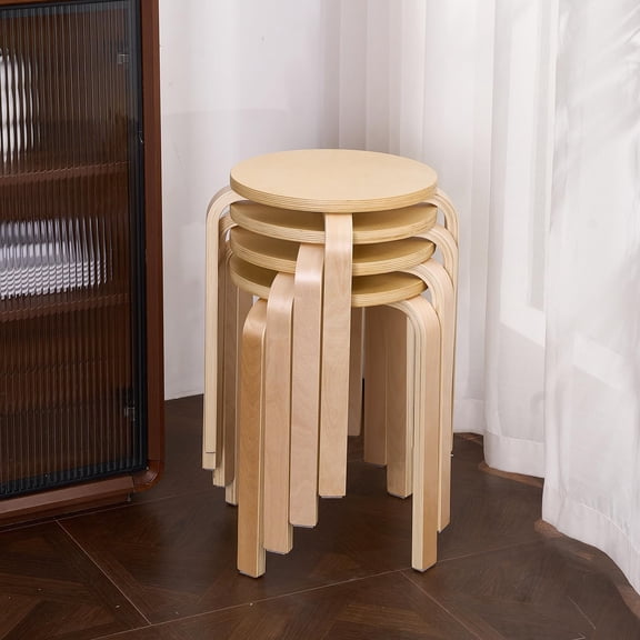 Peispie Stackable Bentwood Stools Set of 4, 18" Round Wood Nesting Backless Stool, Space Saving Extra Seating and Side Table for Dining Room, Kitchen, Living Room & Parties, Natural