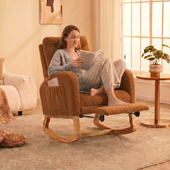 Peispie Teddy Fleece Rocking Chair with Retractable Footrest, Upholstered High Back Nursery Glider Rocker with Side Pocket, Solid Wood Lounge Accent Chair for Living Room & Bedroom, Brown