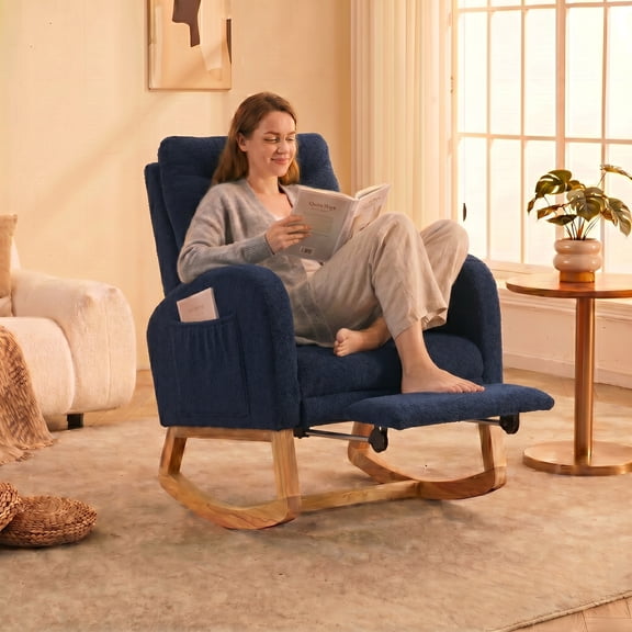 Peispie Teddy Fleece Rocking Chair with Retractable Footrest, Upholstered High Back Nursery Glider Rocker with Side Pocket, Solid Wood Lounge Accent Chair for Living Room & Bedroom, Blue
