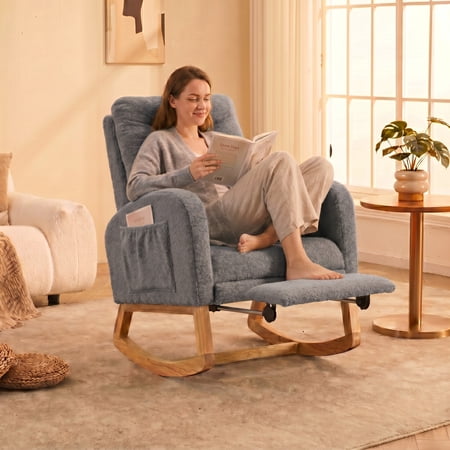 Peispie Teddy Fleece Rocking Chair with Retractable Footrest, Upholstered High Back Nursery Glider Rocker with Side Pocket, Solid Wood Lounge Accent Chair for Living Room & Bedroom, Grey