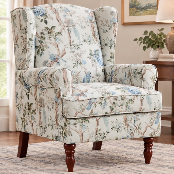 Peispie Modern Accent Chair with Retro Wood Legs, Comfy Upholstered Floral Design Single Sofa Chair, Floral Bird