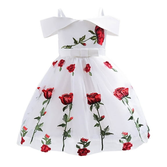 Pejock 2-10 Years Kids Pageant Flower Girl Dress Little Girls Party Wedding Formal Dresses Toddler Girls Net Yarn Flowers Mesh Print Bow Ruffles Birthday Party Gown Long Dresses
