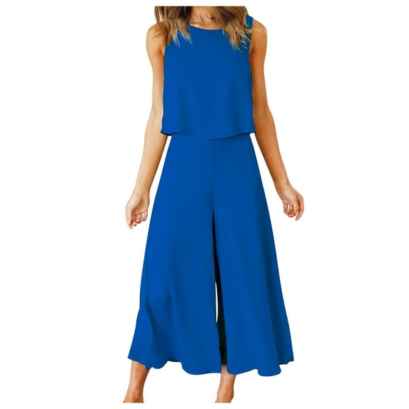 Pejock 2 Piece Outfits for Women Round Neck Cotton Linen Sleeveless Tank Crop Top Wide Leg Pants Matching Lounge Sets Oversized Running Jogger Tracksuit Summer Casual Tops Pockets Bottom Vacation Sets