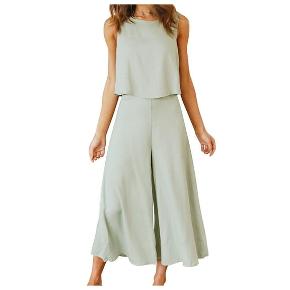 Pejock 2 Piece Outfits for Women Round Neck Cotton Linen Sleeveless Tank Crop Top Wide Leg Pants Matching Lounge Sets Oversized Running Jogger Tracksuit Summer Casual Tops Pockets Bottom Vacation Sets