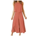 thumbnail image 1 of Pejock 2 Piece Outfits for Women Round Neck Cotton Linen Sleeveless Tank Crop Top Wide Leg Pants Matching Lounge Sets Oversized Running Jogger Tracksuit Summer Casual Tops Pockets Bottom Vacation Sets, 1 of 6