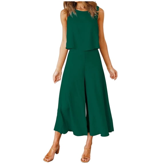 Pejock 2 Piece Outfits for Women Round Neck Cotton Linen Sleeveless Tank Crop Top Wide Leg Pants Matching Lounge Sets Oversized Running Jogger Tracksuit Summer Casual Tops Pockets Bottom Vacation Sets