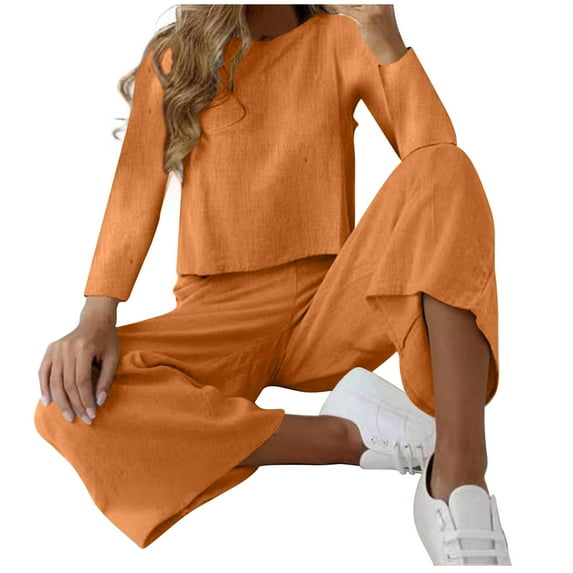 Pejock 2 Piece Outfits for Women Round Neck Cotton Linen Sleeveless Tank Crop Top Wide Leg Pants Matching Lounge Sets Oversized Running Jogger Tracksuits Summer Casual Tops Bottom Vacation Sets