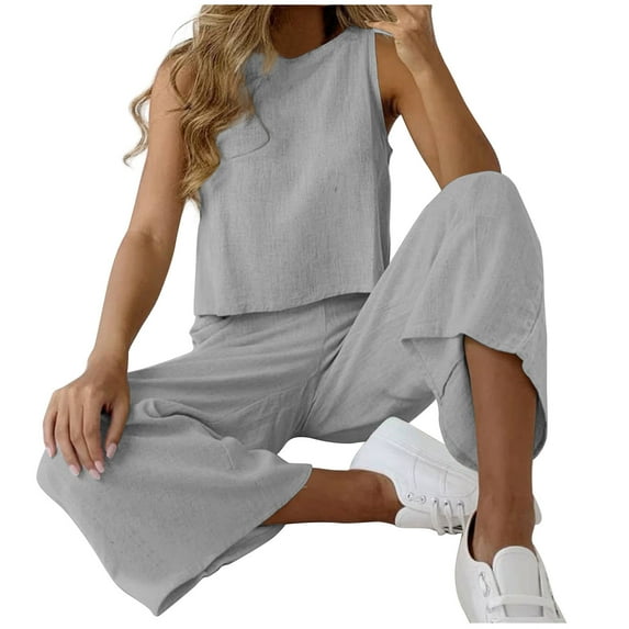 Pejock 2 Piece Outfits for Women Round Neck Cotton Linen Sleeveless Tank Crop Top Wide Leg Pants Matching Lounge Sets Oversized Running Jogger Tracksuits Summer Casual Tops Bottom Vacation Sets