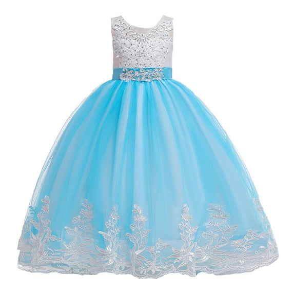 Pejock 6-11 Years Kids Pageant Flower Girl Dress Little Girls Party Wedding Formal Dresses Toddler Girls Net Yarn Embroidery Rhinestone Bowknot Birthday Party Gown Long Dresses