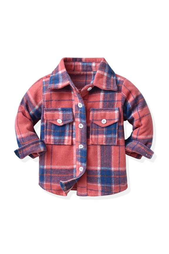 Baby Boys' Girls' Flannel Plaid Jacket Long Sleeve Lapel Button Down Pocketed Shirts Coats Shacket Cardigan Top, 3M-10Years