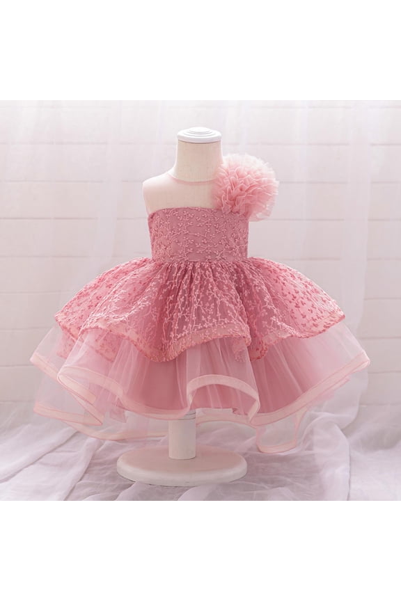 Baby Girl Flower Girl Dress with Train Skirt - Embroidered Mesh Tailcoat Gown for Weddings, Pageants, Christenings 6M-3Y | Sleeveless Formal Wear