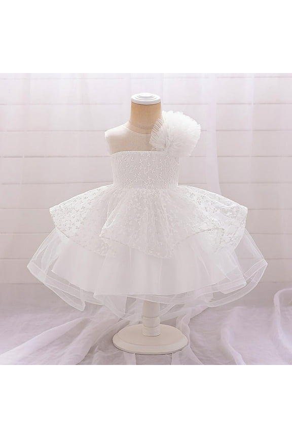 Baby Girl Flower Girl Dress with Train Skirt - Embroidered Mesh Tailcoat Gown for Weddings, Pageants, Christenings 6M-3Y | Sleeveless Formal Wear