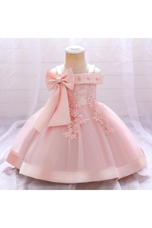 Baby Girl One Shoulder Dress with Beaded Flowers - Adjustable Knot Strap Christening Gown for Pageants, Baptisms 6M-24M | Embroidered Mesh Princess Outfit