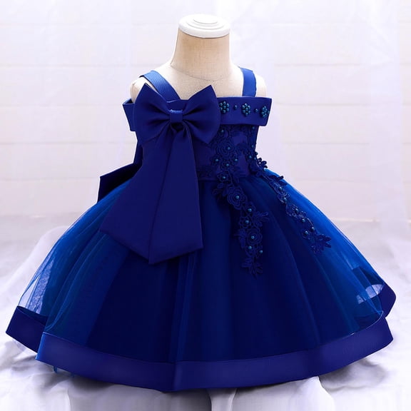 Pejock Baby Girl One Shoulder Dress with Beaded Flowers - Adjustable Knot Strap Christening Gown for Pageants, Baptisms 6M-24M | Embroidered Mesh Princess Outfit