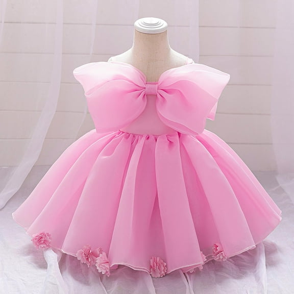 Pejock Baby Girl One Shoulder Dress with Oversized Bow - Sleeveless Solid Color Mesh Gown for Pageants, Baptisms, Recitals 6M-3Y | Breathable Princess Outfit