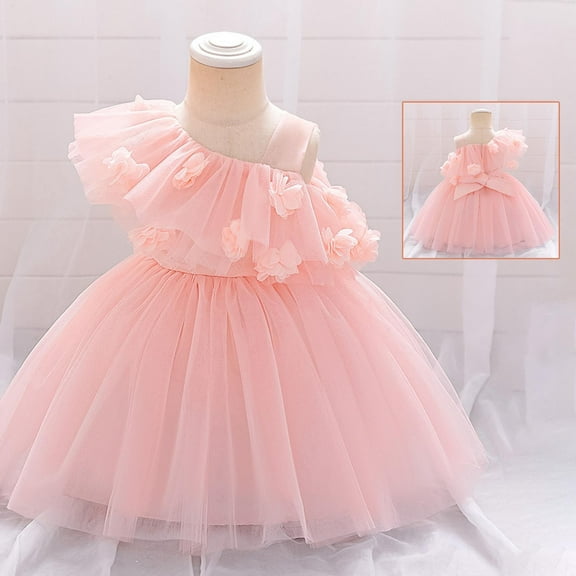 Pejock Baby Girls Princess Dress 6M-3Y, Sleeveless Slanted Shoulder - 3D Mesh Formal Pageant Outfit