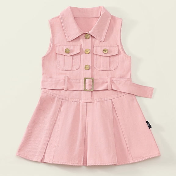 Pejock Girls 3-8Y Denim Dress Sleeveless Lapel Collar - Solid Color Play Skirt, Lightweight Stretch Polyester-Spandex Blend for Toddler Kids Casual Wear & Party Outfit