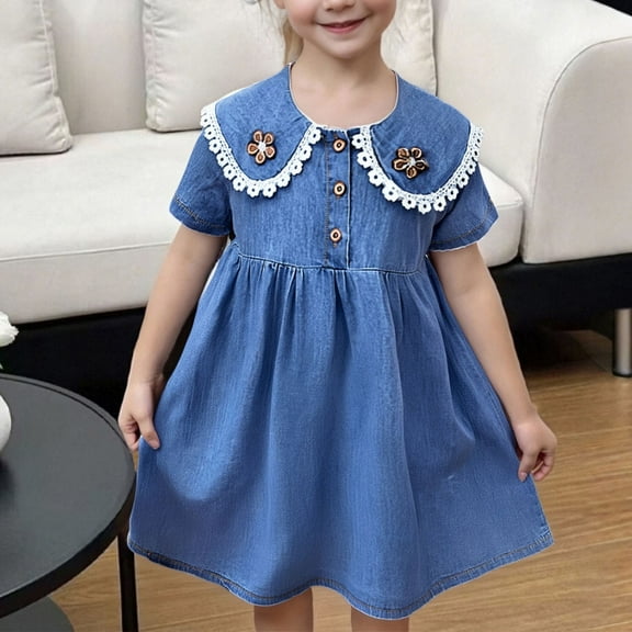 Pejock Girls' Denim-Look Skirt Dress - Breathable & Lightweight Summer Outfit with Lace Round Neck, Soft Stretch Fabric for Toddlers, Play to Party Wear, Sizes 3-8 Years (100-140)