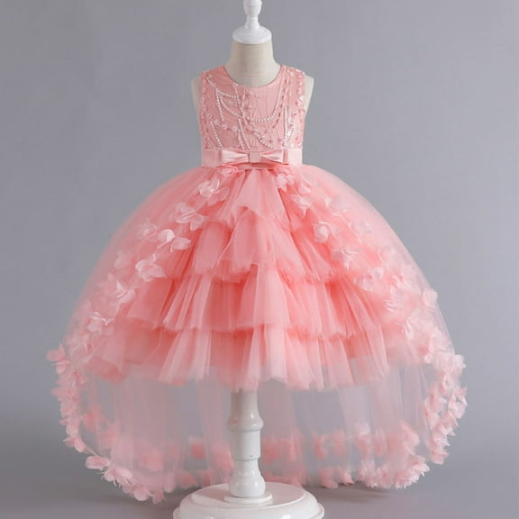 Pejock Girls Princess Dress 2-12 Years - Summer Lace-Embroidery Mesh Skirt with Ruffled Short Sleeve, Leaky Shoulder & Bow Detail for Party, Travel, Casual