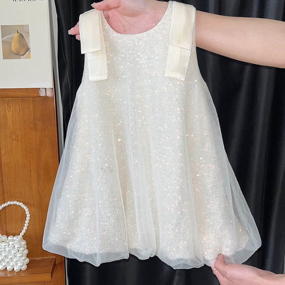 Pejock Girls Sequin Princess Party Dress, Sleeveless Round Neck Mesh Tutu with Flower Bud Detail, Sparkly Flower Girl Dress for Birthday Holiday Ages 2-13 Years