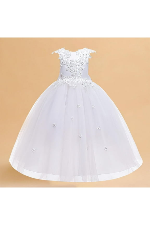 Girls Sleeveless Beaded Pageant Dress - Mesh Princess Gown with Bow Detail, Fashion Show Costume for Ages 7-14 Size 120-170