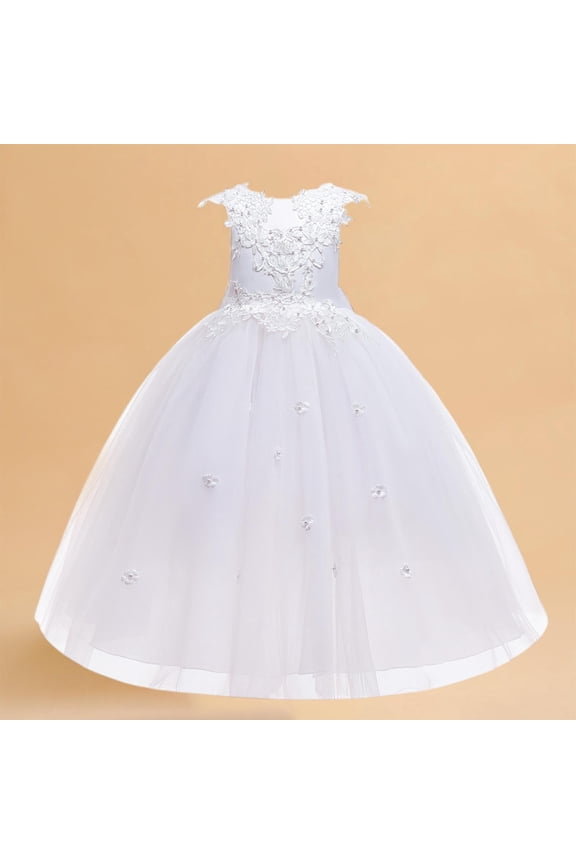 Girls Sleeveless Beaded Pageant Dress - Mesh Princess Gown with Bow Detail, Fashion Show Costume for Ages 7-14 Size 120-170