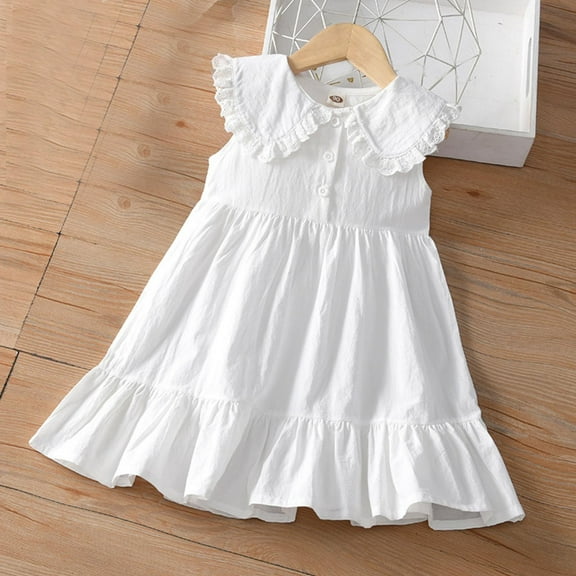 Pejock Girls Sleeveless White Dress - Toddler Doll Neck Solid Color Princess Outfit, Summer Baby Girl Shirt Skirt Ages 2-14 Years Size 90-160