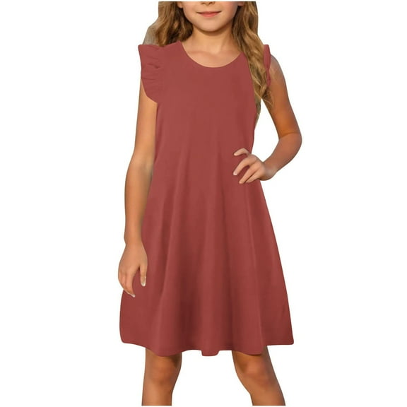 Pejock Girls Summer Dress 4-14T - Soft Polyester Spandex Stretch Ruffle Sleeve Sundress, Casual Twirly Outfit for Vacation, Party, School, Daily Wear, US Size Chart Included