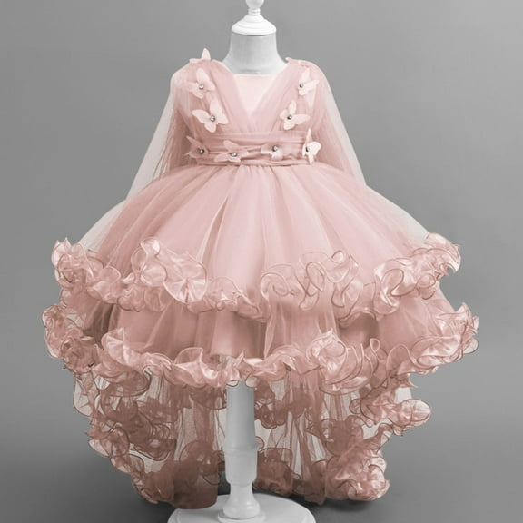 Pejock Girls Summer Dress Princess Ruffled Sleeve, Lace Embroidery Mesh Skirt with Bow, Soft Breathable Kids Outfit for Holiday Party Travel, Ages 2-12 Years