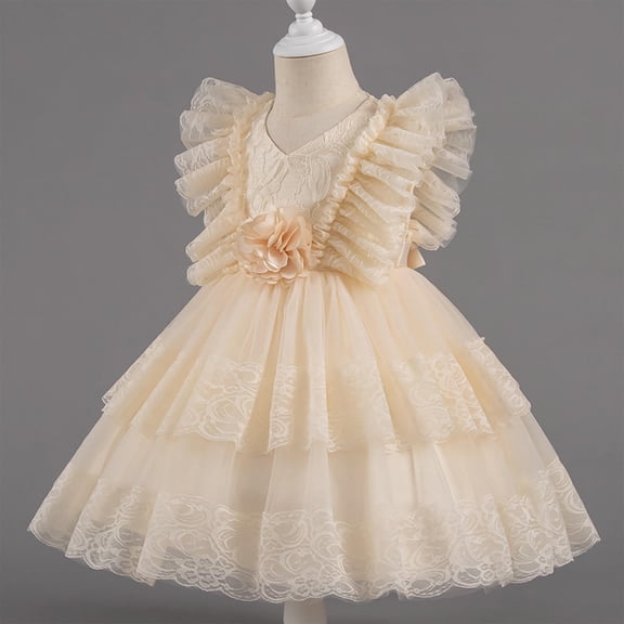 Pejock Girls Summer Dress with Ruffled Sleeves, Lace Embroidery Mesh, Princess Bow Skirt - Round Neck Toddler Outfit for Birthday, Travel, Ages 1-9 Years