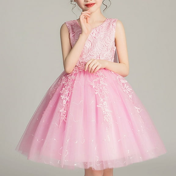 Pejock Girls Summer Dress Short Sleeve, Ruffle Lace Embroidery Mesh Princess Bow Skirt - Breathable Polyester Spandex for Toddler Kids Party Playtime