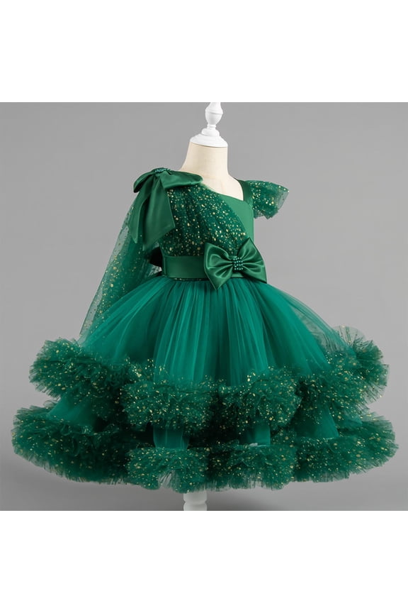 Girls Summer Dress Toddler Lace Princess Bow Skirt - Short Sleeve Round Neck Embroidery Mesh Ruffled Dress, Soft Poly-Spandex for Ages 1-9 Years (Playdates/Parties/Daily Wear)