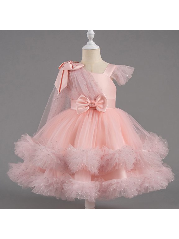 Girls Summer Dress Toddler Lace Princess Bow Skirt - Short Sleeve Round Neck Embroidery Mesh Ruffled Dress, Soft Poly-Spandex for Ages 1-9 Years (Playdates/Parties/Daily Wear)